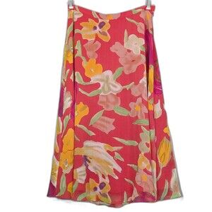 COLDWATER CREEK Women's XL Maxi Flare Skirt Colorful Coral Chiffon Floral Lined